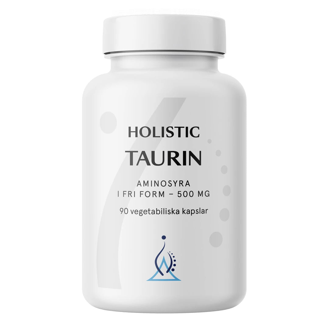 Holistic Taurin 500 mg 90 caps, vegaaninen ravintolisä valkoisessa purkissa harmailla ja sinisillä yksityiskohdilla., kuva 1/1