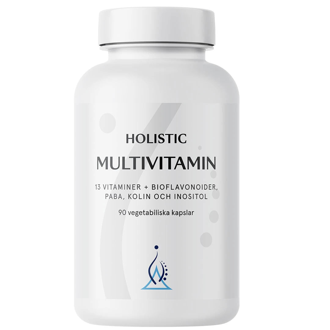 Holistic Multivitamin 90 caps valkoisessa purkissa tyylikkäällä etiketillä, sisältää 13 vitamiinia ja bioflavonoideja., kuva 1/1