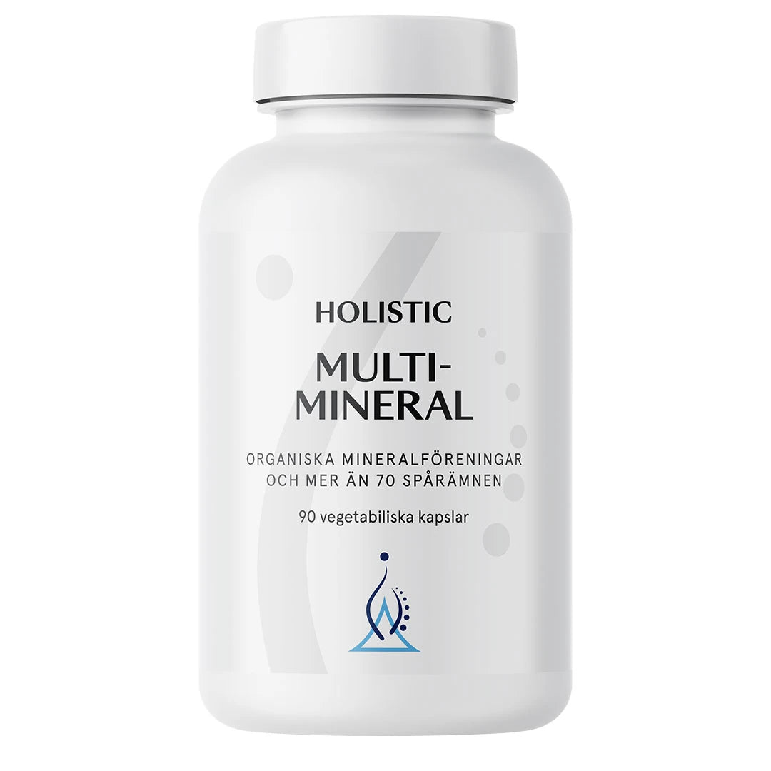 Holistic Multimineral 90 caps -kivennäisainelisä tyylikkäässä valkoisessa purkissa valkoisella kannella., kuva 1/1