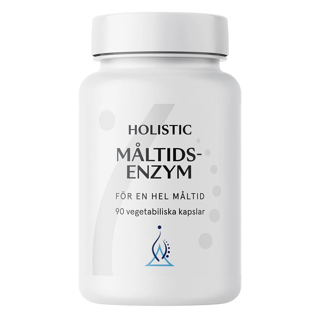 Holistic Måltidsenzym 90 caps -ruoansulatusentsyymit valkoisessa purkissa, jossa on sininen logo., kuva 1/1