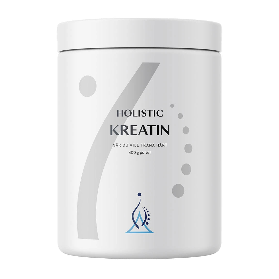 Holistic Kreatin 400 g -kreatiinijauhe tyylikkäässä valkoisessa purkissa, jossa on harmaita graafisia yksityiskohtia., kuva 1/1