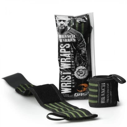 GASP Branch Warren Heavy Duty Wrist Wraps, mustat vihreäraitaiset rannesiteet esillä pakkauksensa vieressä., kuva 1/1