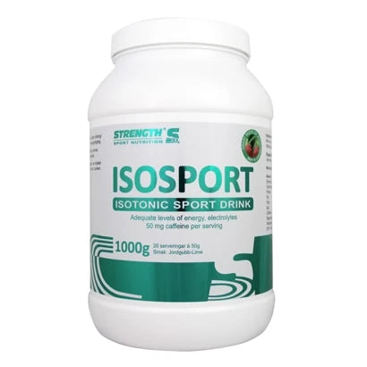 Strength Isosport 1 kg -urheilujuomajauhe valkoisessa muovipurkissa vihreillä yksityiskohdilla lisäenergiaksi treeniin., kuva 2/2