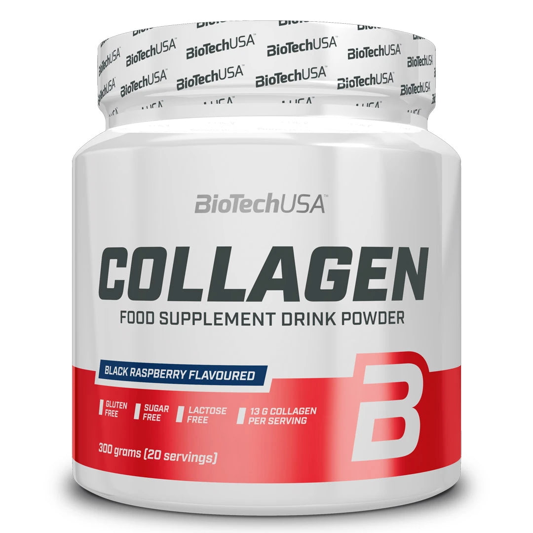 BioTechUSA Collagen 300 g -kollageenijauhe valkoisessa purkissa punaisilla yksityiskohdilla, makuna Black Raspberry., kuva 1/1