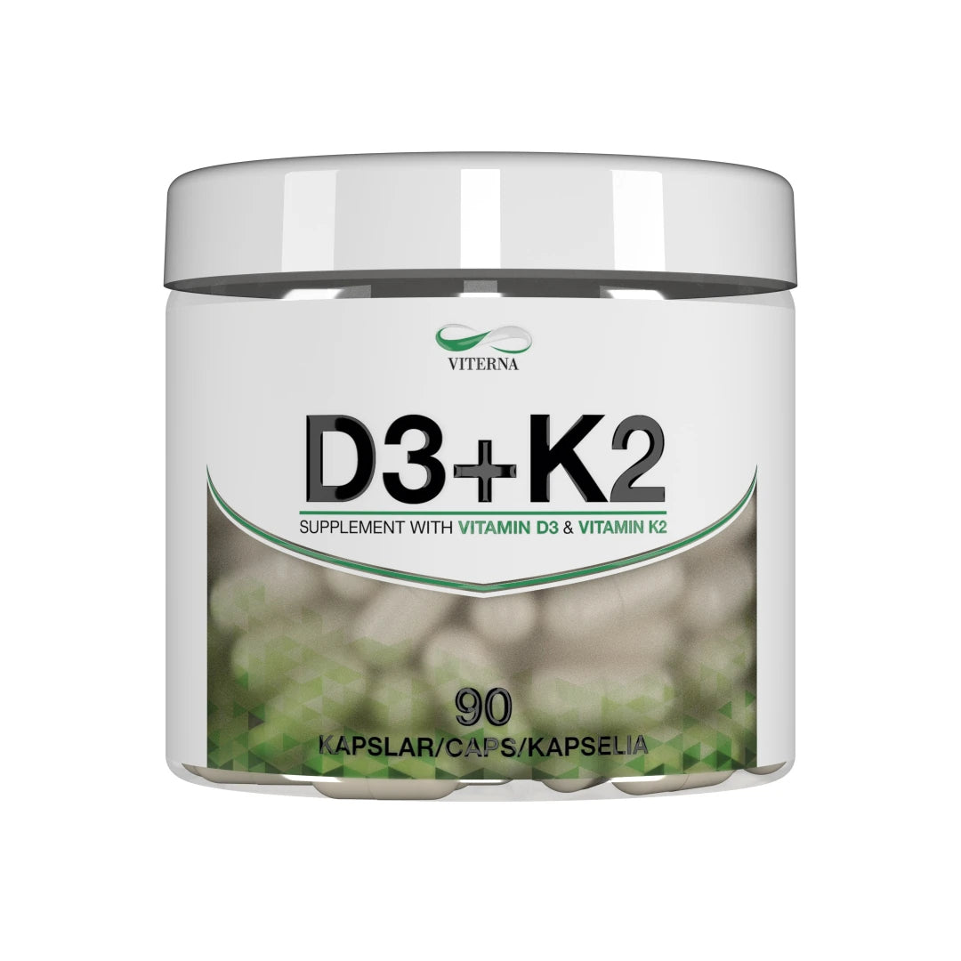 Viterna Vitamin D3 + K2 90 caps valkoisessa purkissa, jonka etiketissä on vihreitä yksityiskohtia ja näkyviä kapseleita., kuva 1/1
