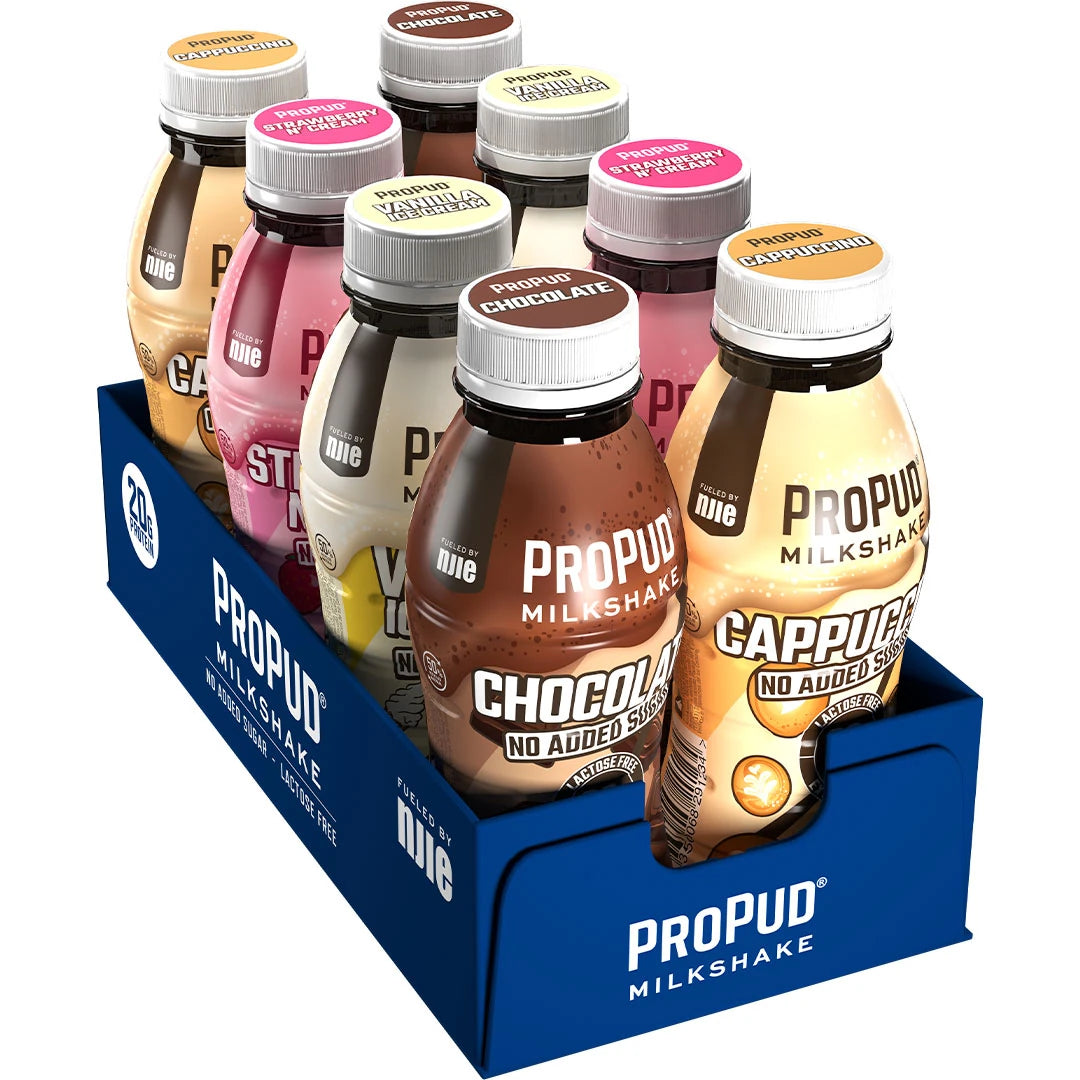 8 x NJIE ProPud Protein Milkshake Mix 330 ml sinisessä laatikossa, jossa on kahdeksan pulloa eri mauissa., kuva 1/1