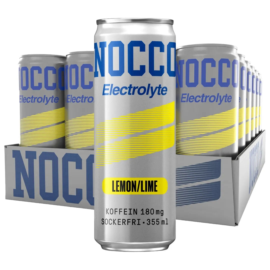 24 x NOCCO Electrolyte 355 ml Lemon Lime -lava, jossa hopeisia energiajuomatölkkejä sinisellä tekstillä ja keltaisilla yksityiskohdilla., kuva 1/1