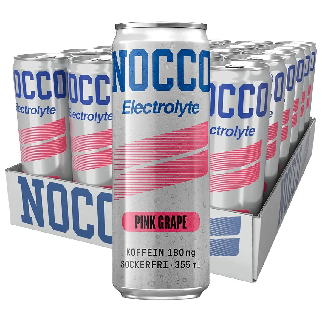 24 x NOCCO Electrolyte 355 ml Pink Grape -laatikko täynnä hopeisia tölkkejä pinkeillä ja sinisillä yksityiskohdilla., kuva 1/1