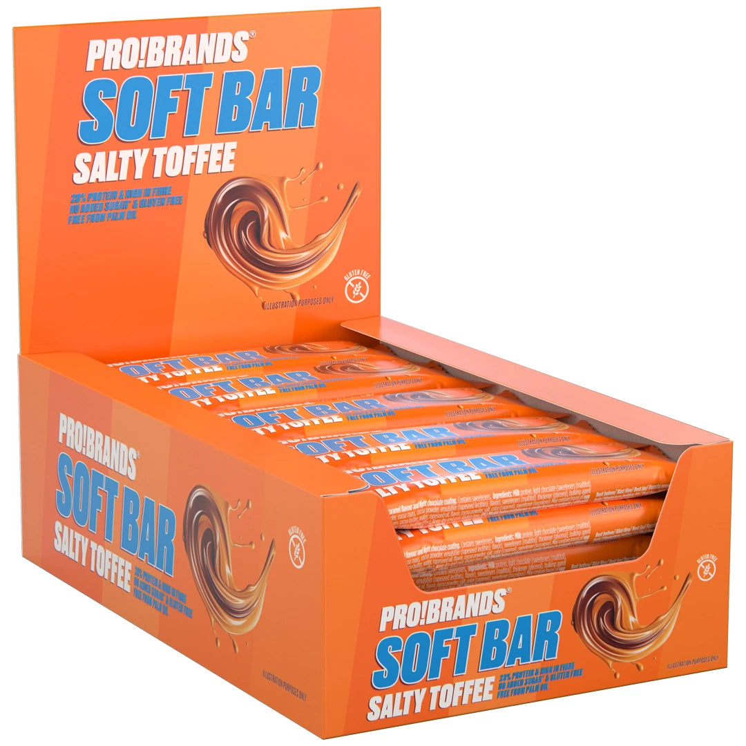 15 x Pro Brands Softbar 40 g Salty Toffee oranssissa esittelylaatikossa, jossa on pakattuja proteiinipatukoita., kuva 1/1
